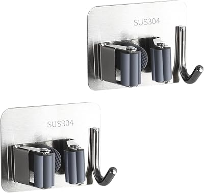 Fayvosiue 2PCS Mop Broom Holder Wall Mount Self Adhesive Stainless Steel Heavy