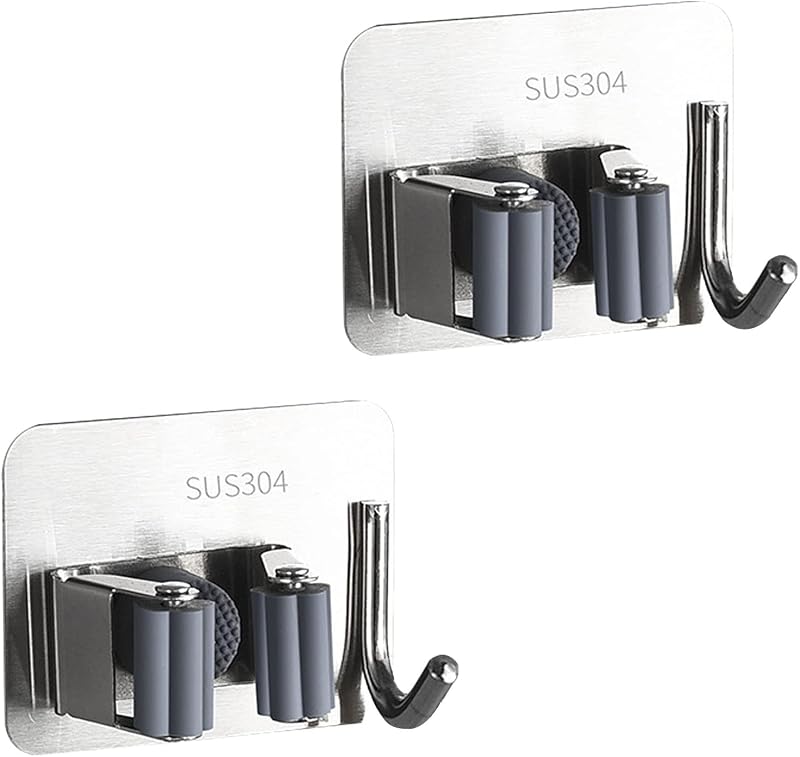 Fayvosiue 2PCS Mop Broom Holder Wall Mount Self Adhesive Stainless Steel Heavy