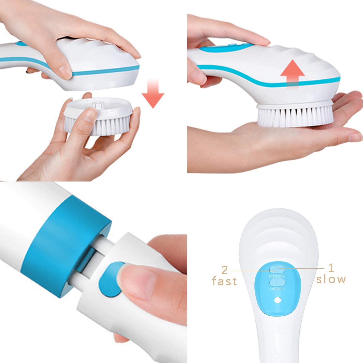 100FIXEO USB Charge Electric Long Handle Rotating Bath & Body Brushes Waterproof Facial Face Shower Brush Devices With 5 Brush Heads Deep Cleansing (Blue) : Beauty