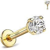 GEMQUEEN 14K Solid Gold Flat Back Earring Hypoallergenic - 18G Cartilage Tragus Conch Helix Piercing Jewelry Extended Internal Thread Labret Lip Nose Stud for Women Men Simulated Diamond CZ 2/3/4mm