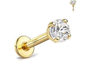 GEMQUEEN 14K Solid Gold Flat Back Earring Hypoallergenic - 18G Cartilage Tragus Conch Helix Piercing Jewelry Extended Internal Thread Labret Lip Nose Stud for Women Men Simulated Diamond CZ 2/3/4mm