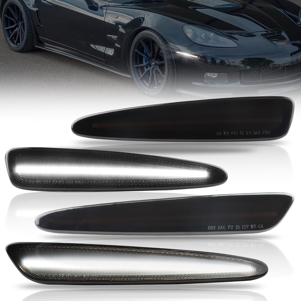 Photo 1 of Front & Rear Fender LED Side Lights for Chevy Corvette C6 Z06 2005-2013, Smoked Lens Side Bumper Marker Lamps, Ultra-Bright White LED Turn Signal Lights, 4 PCS