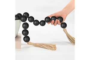 OMISHE 50" Long Extra Large Wood Bead Garland with 1.6" Diameter Wooden Beads and Tassels, Rustic Farmhouse Country Decorative Beads for Home Tiered Tray Decor, Black