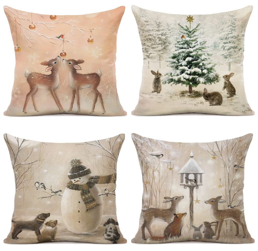 YCOLL Christmas Decorative Pillow Cover, Animal Print, 40 x 40 cm, Set of 4, Living Room, Bedroom, Seasonal Decorations