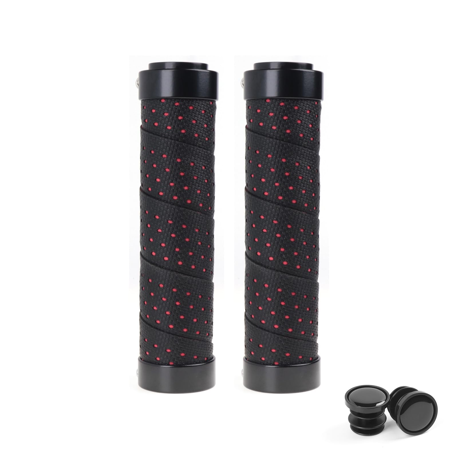 Bicycle Handlebar Grips Comfortable PU Leather Double Lock-On Locking Handle Bar Cover Grips with End Plugs for Road Mountain MTB BMX Bikes Scooter,1 Pair of Black+Red
