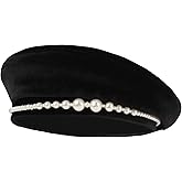 Minache Women Girls Black Velvet Beret Pearls French Beret Solid Color Artist Hat Winter Warm Beanies Hats