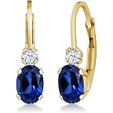 Gem Stone King 14K Yellow Gold Blue Created Sapphire and White Created Sapphire Leverback Earrings For Women | 1.08 Cttw | Gemstone September Birthstone | Oval 6X4MM, Round 2MM | 3/4 Inch