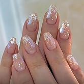 Hkanlre Bling Coffin Press on Nails Fake Nails Tips Full Cover Medium False Gradient Nails for Women and Girls 24PCS (Nude rh
