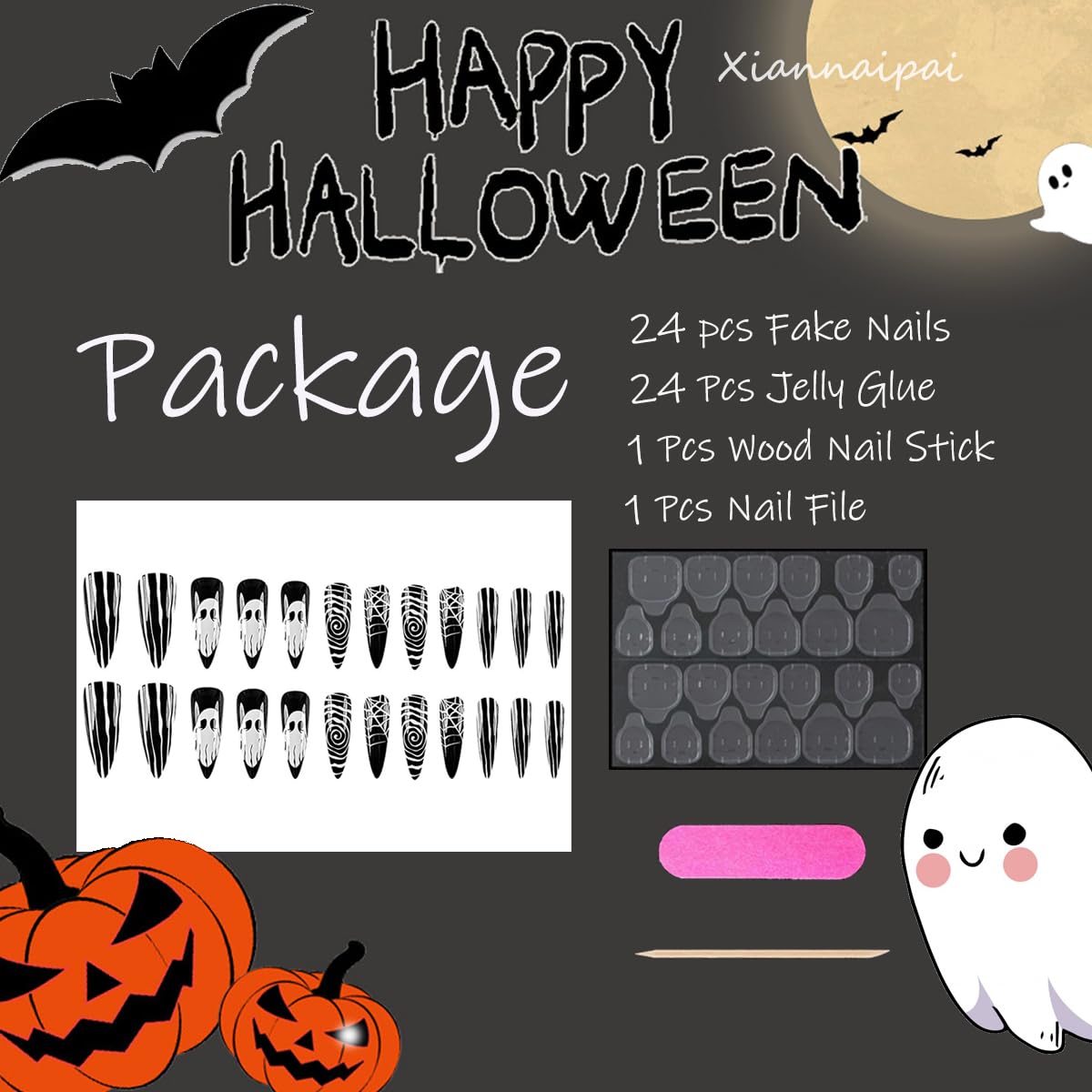 Halloween Horror Ghost Press on Nails Long Pointed Fake Nails Black White Stripe Spider Web Halloween Nail Art Designs Full Cover Glue on Nails Glossy Reusable Artificial False Nails for Women 24Pcs - Image 7