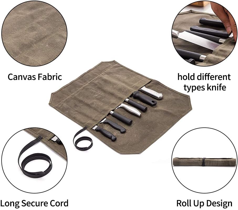 Khaki Chef’s Knife Roll Case, Waxed Canvas Cutlery Knives Holders Protectors, Home Kitchen Cooking Tools and Utensils Wrap Bag Wallet, Multi-Purpose Brush Roll Bag, Travel Tool Roll Pouch (Khaki): Home & Kitchen