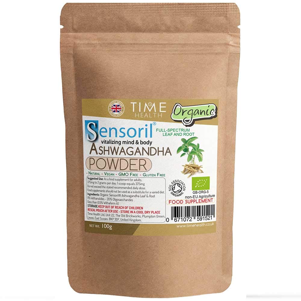 Organic Sensoril® Optimized Ashwagandha - 11% Withanolides - Full Spectrum Root and Leaf - Zero Additives - British Brand (100g Powder Pouch)