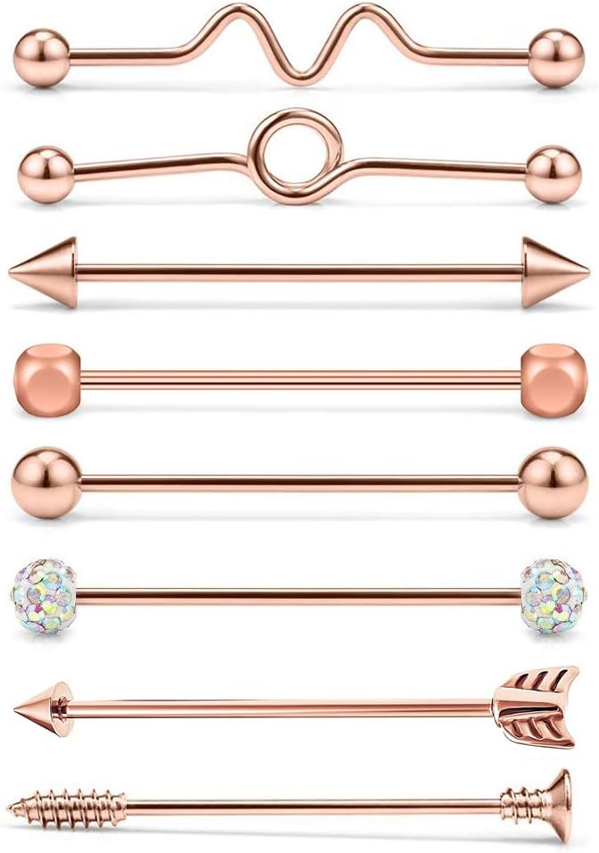 AceFun 14G Surgical Steel Industrial Barbell for Women Men Cartilage Earring Body Piercing Jewelry 38mm 8 PCS-Silver Set