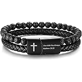 MEALGUET Men's Cross Bracelet for Men : Inspirational Bible Verse Bracelets Christian Catholic Religious Jewelry Christmas Gifts Ideas for Man, Healing Lava Rock Bead Cross Bracelet Leather Wristband