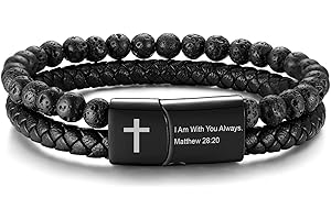 MEALGUET Men's Cross Bracelet for Men : Inspirational Bible Verse Bracelets Christian Catholic Religious Jewelry Christmas Gifts Ideas for Man, Healing Lava Rock Bead Cross Bracelet Leather Wristband