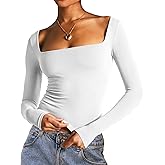 Dwnval Long Sleeve Shirts for Women - Basic Slim Fit Double Lined Square Neck Crop T Shirt