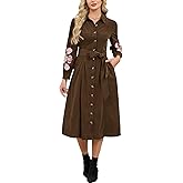 Women’s Corduroy Embroidered Maxi Shirt Dress Long Sleeve Button Down Belted Casual Spring Fall Western Long Dresses
