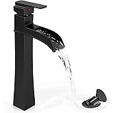 HOIGY Vessel Sink Faucet Black, 12 Inch Waterfall Tall Bathroom Faucet One Hole with Pop-Up Drain & Pre-Installed Hoses, Single Handle for Bathroom Sink Bowl Deck Mount, Modern, Brass Material