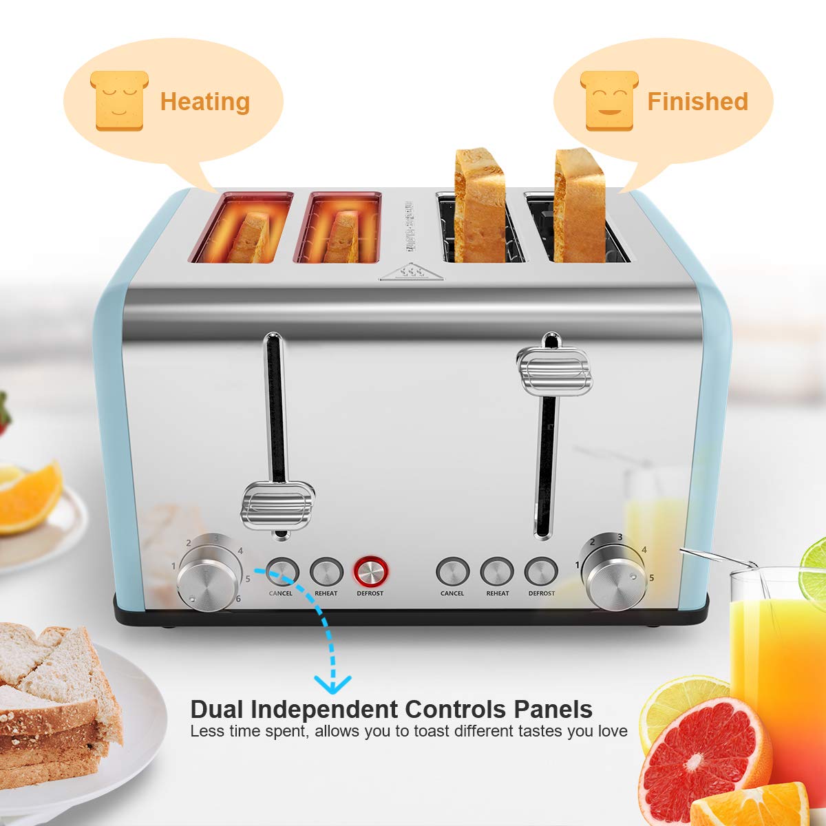 Toaster 4 Scheiben, Morpilot Edelstahl Toaster 1600 Watt mit 1,5\'\' breiten Schlitzen, 6 bräunungsstufen und 3 Moden (Auftau-, Aufwärm- sowie Abschaltungsmode)
