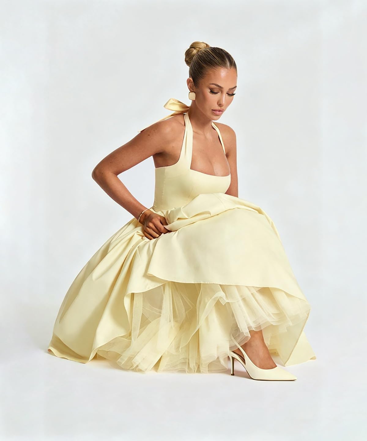 Condition photo showing New/Like New for women summer halter dress low cut sleeveless a line tulle swing flowy tea length dress corset prom f