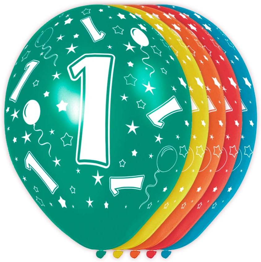 Folat - 1 Year Metallic Helium Balloons for Party Decoration - Multicolor - 12In / 30cm - 5 pieces, Multi Colors