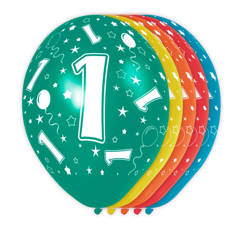 Folat - 1 Year Metallic Helium Balloons for Party Decoration - Multicolor - 12In / 30cm - 5 pieces