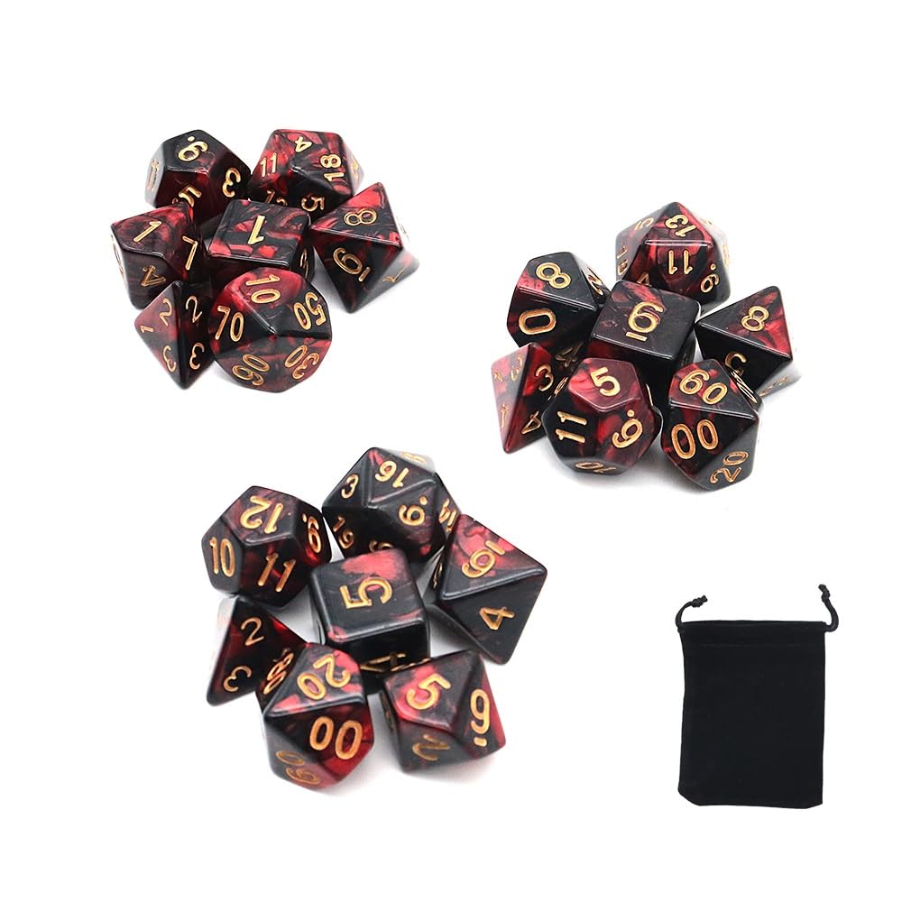 DollaTek Polyhedral Dice Set Table Games Dice 3 Sets Dice 3 x 7 (21 Pieces) Die Series D20 D12 D10 D8 D6 D4 DND dice DND RPG MTG Double Colors One Piece (New Red and Black)