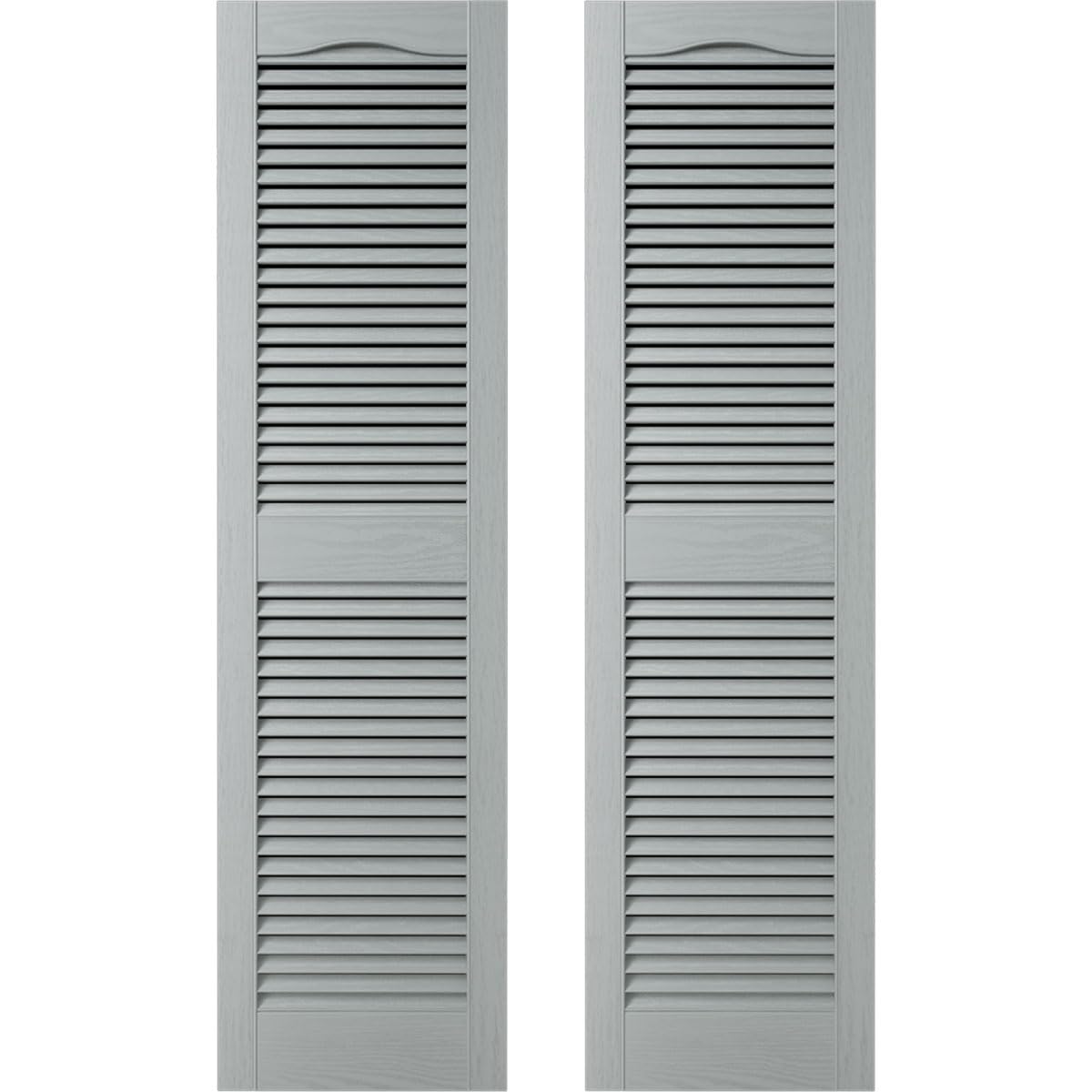 Photo 1 of ***FACTORY SEALED***  12 in. W x 33 in. H Builders Edge, TailorMade Cathedral Top Center Mullion, Open Louver Shutters, Includes Matching Installation Spikes (Per Pair), 945 - Platinum