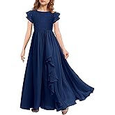 MITILLY Girls Lace Flower Maxi Dress Ruffle Sleeve A-Line Flowy Junior Bridesmaid Chiffon Dresses for Wedding Party