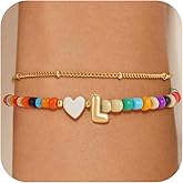 Eaciy Easter Gifts for Kids Girls - Colorful Initial Bracelets for Women 14K Gold Plated Heart Initial Letter Daint A-Z Charm Bracelet Summer Jewelry Teen Girl Gifts for Teen Kids