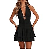 Floerns Women's Deep V Neck Ruched A Line Halter Mini Dresses Tie Front Asymmetrical Layered Club Party Dresses