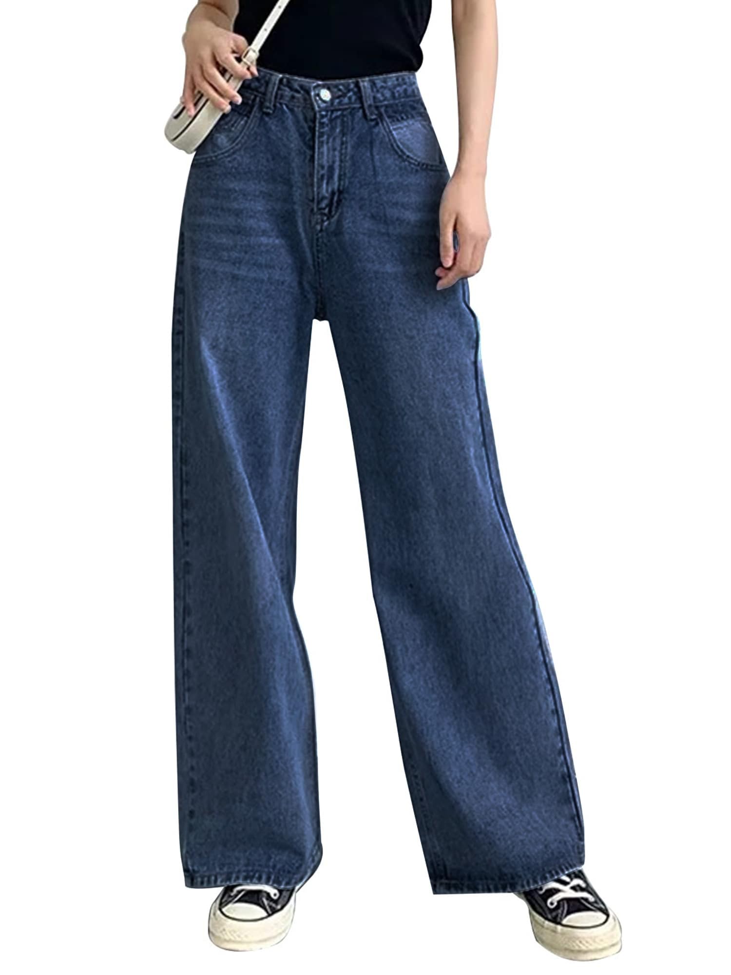 Photo 1 of HDLTE Women's Wide Leg High Waist Baggy Jeans - Dark Blue Denim Pants