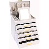 BOOVO Jewelry Box with Necklace Hanger – 6 layer Jewelry Organizer for Women with 5 Drawers, Large Jewelry Storage Boxes –Jewelry Organizers and Storage for Earrings, Necklaces (White, 6 layer)