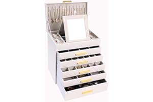 BOOVO Jewelry Box with Necklace Hanger – 6 layer Jewelry Organizer for Women with 5 Drawers, Large Jewelry Storage Boxes –Jewelry Organizers and Storage for Earrings, Necklaces (White, 6 layer)