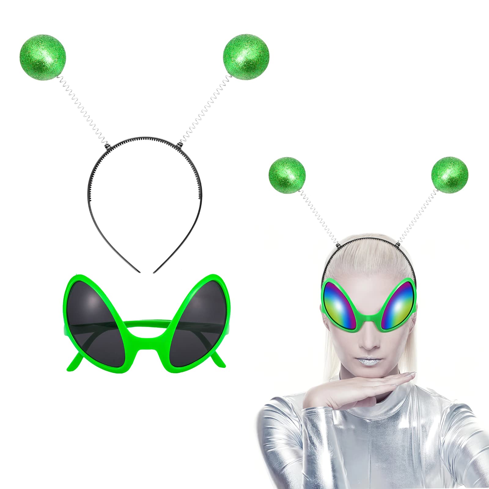 Photo 1 of Green Alien Antenna Headband & Glasses Set,Glitter Green Martian Headband Head Boppers Space Theme Costume Accessories for Halloween Night Party Favors(Pack of 2)