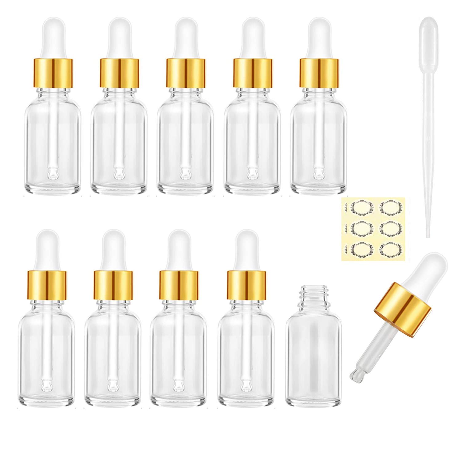 Alledomain 10Pcs, 5Ml Clear Glass Bottles with Dropper Pipettes, Mini Empty Dropper Bottles Golden Metal Cap Refillable Sample Container for Essential Oil/Aromatherapy Blends/Chemical Liquid