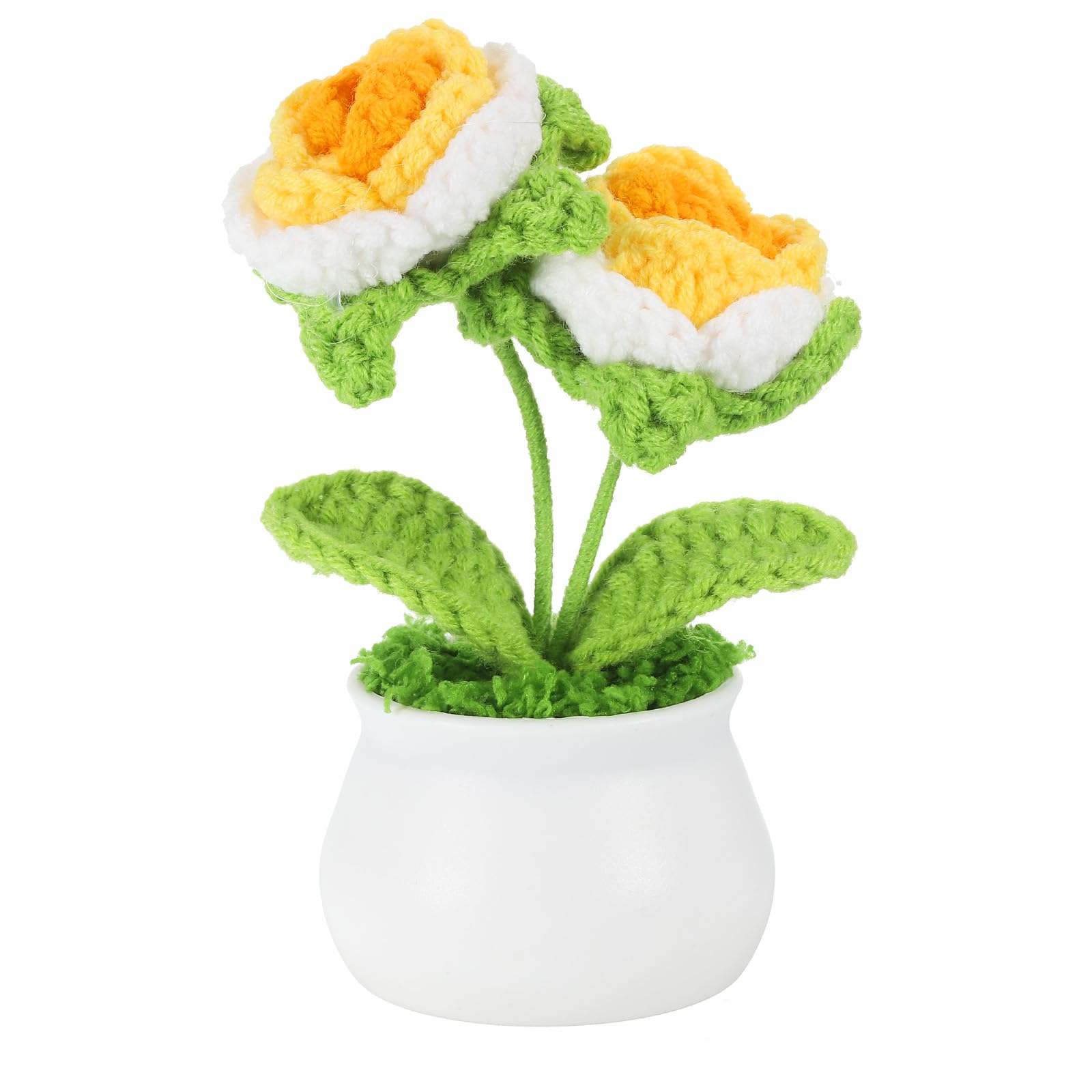 PATIKIL Crochet Flowers Potted, 2 Head Rose Flowers Handmade Knitted Mini Potted Plants Artificial Flowers for Valentine's Gifts Home Office Tables Decoration, Gradient Yellow