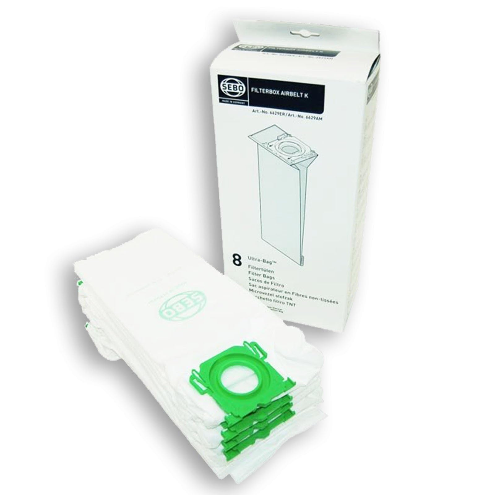 Sebo K Series cylinder vacuum cleaner Bags:Pack of 8 K1 air belt, K1 Komfort, K1 Pet, K3 Vulcano, K3 Premium