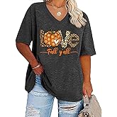 Plus Size V-Neck Fall T Shirt Women Funny Graphic Fall Vibes Shirt Casual Loose Short Sleeve Tunic Tops Blouse