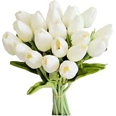 Mandy's 20 Stems White Artificial Tulip Flowers for Home Centerpieces | Soft PU petals and bendable stems, 13.5 in (35 cm) tall. These faux flowers suit Easter, weddings, and home d&eacute;cor