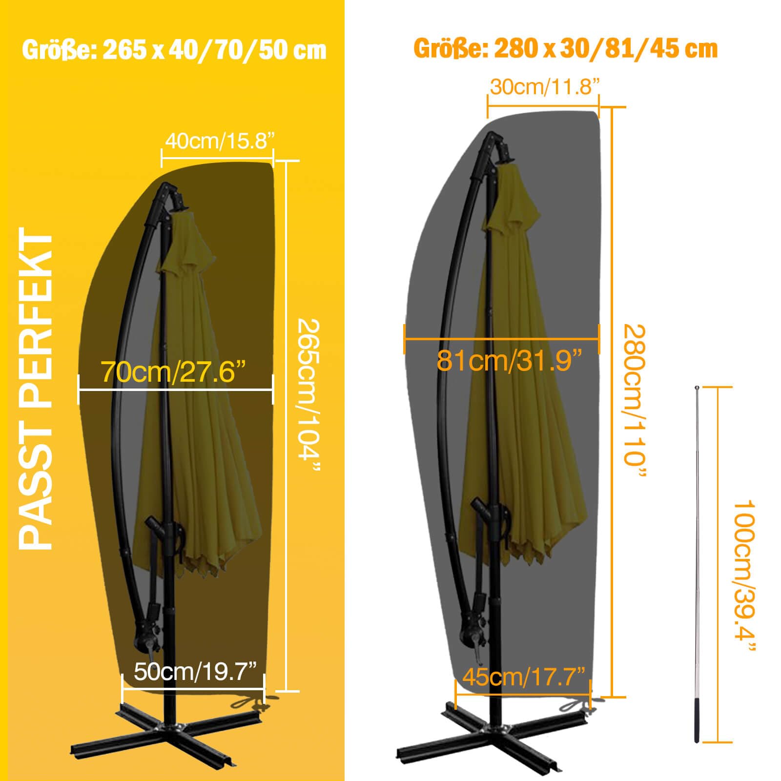 Reinalin Sonnenschirm Schutzhülle mit Stab, Abdeckhauben für Sonnenschirm Garten, Wasserdichter, UV-Beständig, Winddicht und Schneesicher (Schwarz, 265 x 40/70/50cm) 2