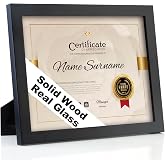 RPJC 8.5x11 Solid Wood Diploma Frame for Certificate &amp; Documents Black | Picture Frame with Real Glass, for Wall or Tabletop, Gift-Ready in White Box