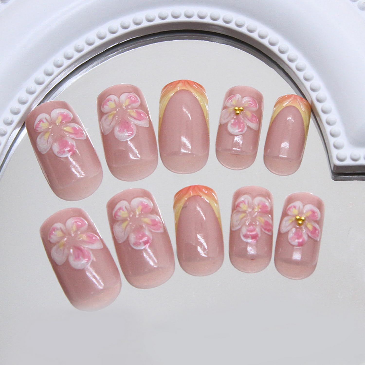 Pink Press on Nails Square Fake Nails with 3D Flower design Stick on Nails Glossy Full Cover Summer False Nails Stripe French Tip Glue on Nails Gel Nails Art Kit for Women Girls Vacation Manicure - Image 4