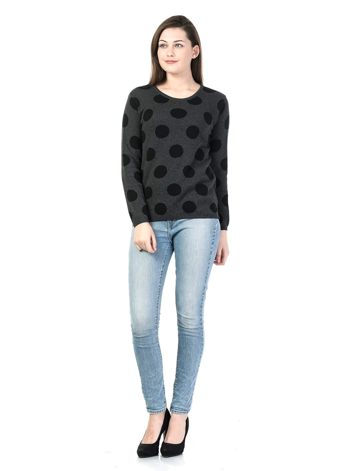 kalt women's round neck full sleeves polka jacquard sweater