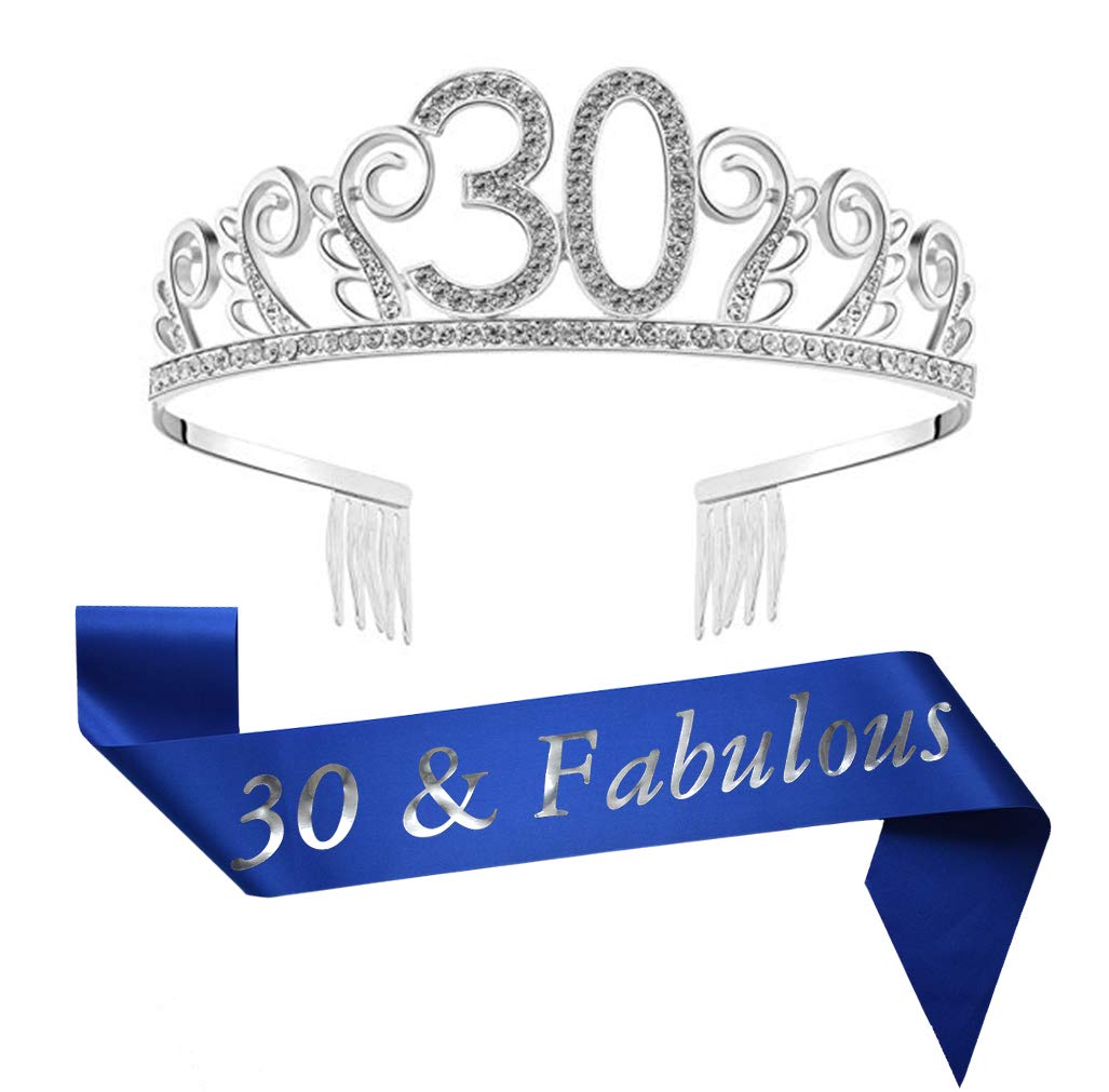 30th Brithday Silver Tiara and Sash, 30 & Fabulous Satin Sash and Rhinestone Birthday Crown Happy 30th Birthday Decorations Party Supplies Favors Birthday Cake Topper