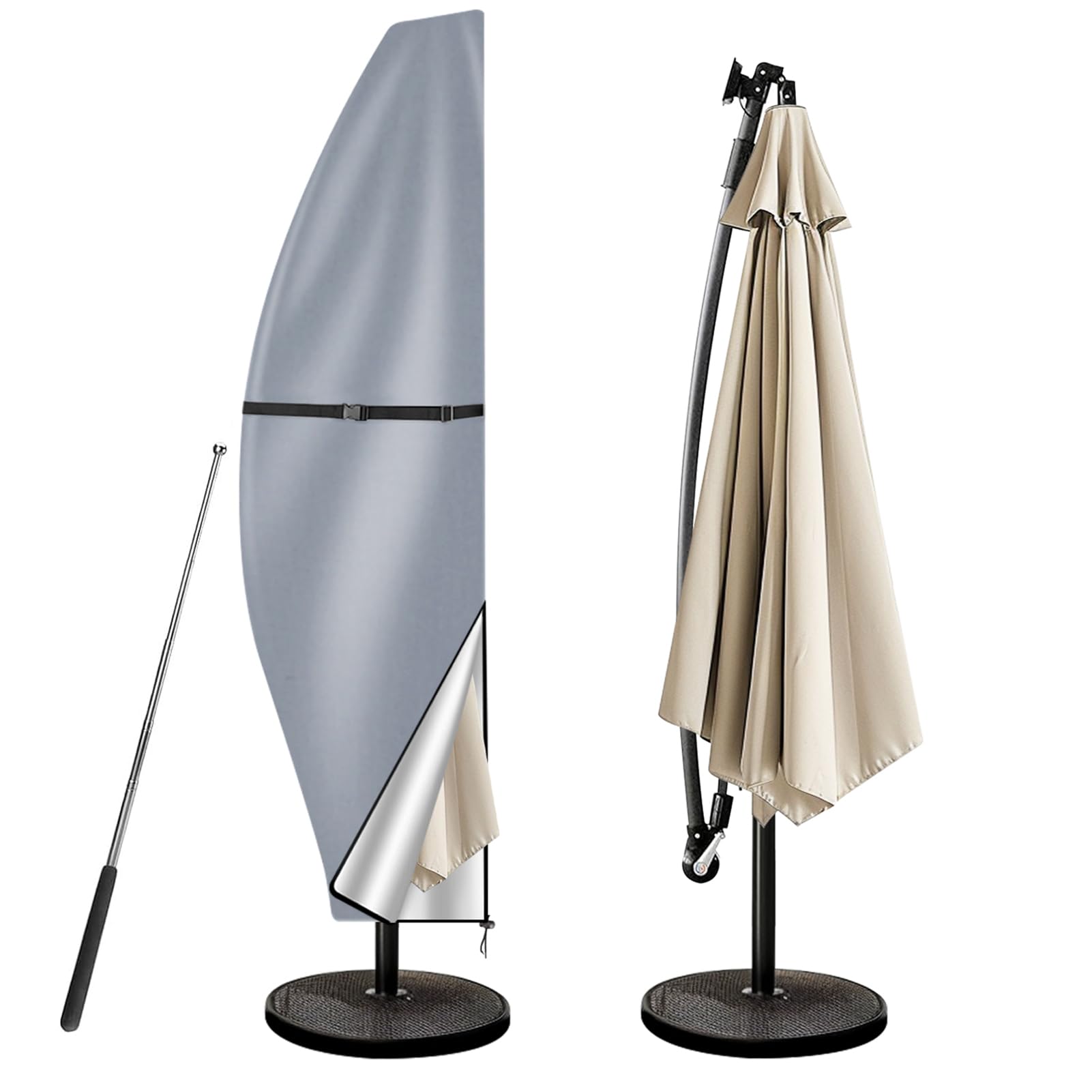 wiipara Parasol Cover with Rod, Parasol Protective Cover fit for Waterproof UV-Block Windproof Large Umbrella Cover with Zip and Storage Bag for Garden Outdoor (Grey, 280x30x81/46(bottom) cm)