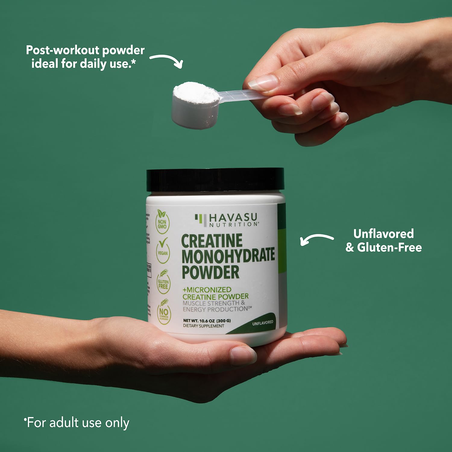 Micronized Creatine Monohydrate Powder - 5g Unflavored Post-Workout Recovery for Lean Muscle Mass, Endurance, and Energy Production - Easy-to-Mix - Vegan, Non-GMO, Gluten-Free - 60 Servings