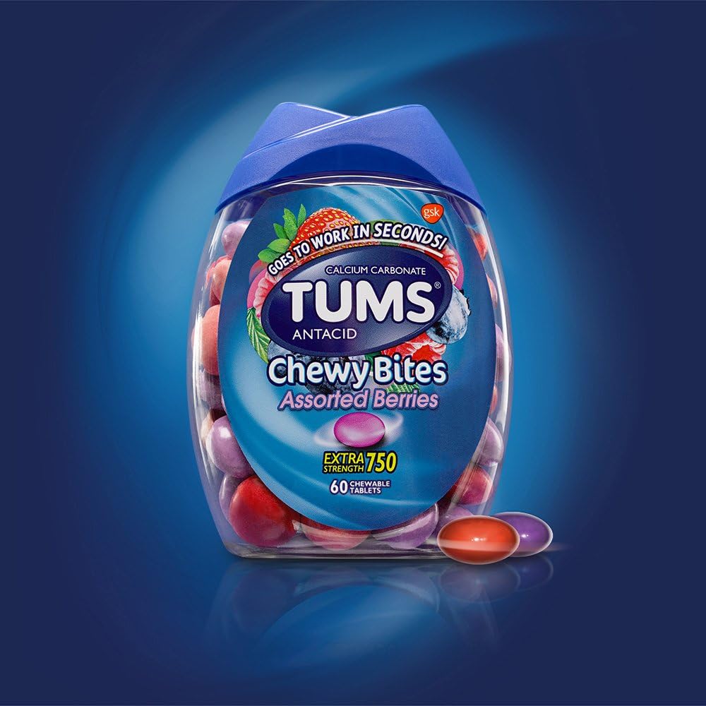 TUMS Chewy Bites Assorted Berries Antacid Hard Shell chews for heartburn Relief, 60Count: Health & Personal Care