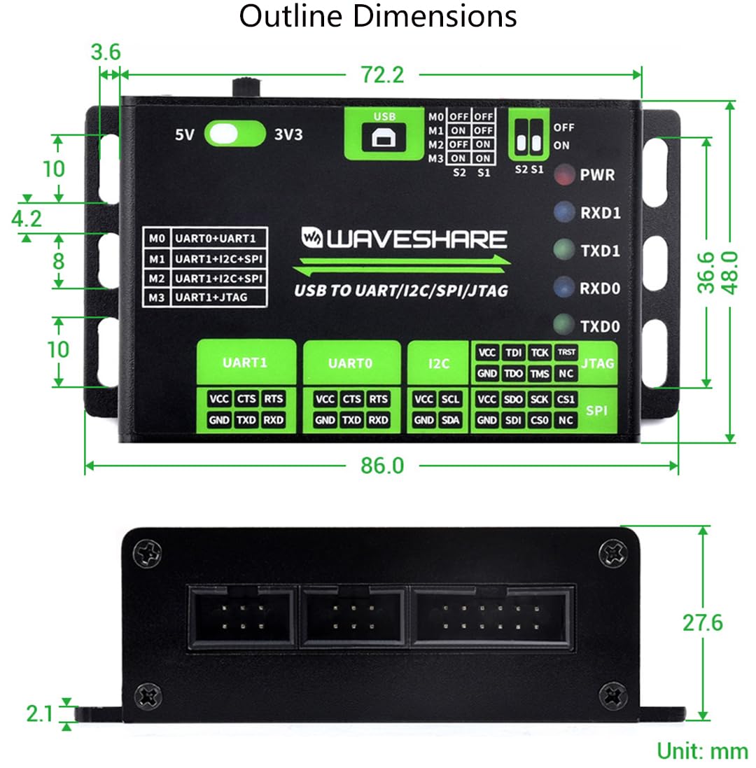 USB to UART/I2C/SPI/JTAG Converter, USB to 2-ch UART, or USB to 1-ch UART + 1-ch I2C + 1-ch SPI, or USB to 1-ch UART + 1-ch JTAG,Compatible with Win7/8/8.1/10/11, Linux, Androidetc.