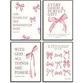 4Pcs Pink Bow Wall Art Christian Aesthetic Pictures Bible Verses Canvas Posters Prints Eclectic Teen Girl Coquette Painting Preppy Wall Decor for Bedroom Dorm College Apartment 8x10in Unframed