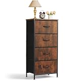 Nightstand, 4 Drawer Dresser End Table Bedside Furniture with Wooden Top Steel Frame Fabric Bins for Bedroom, Closet, Entryway, Dorm, Living Room, Brown